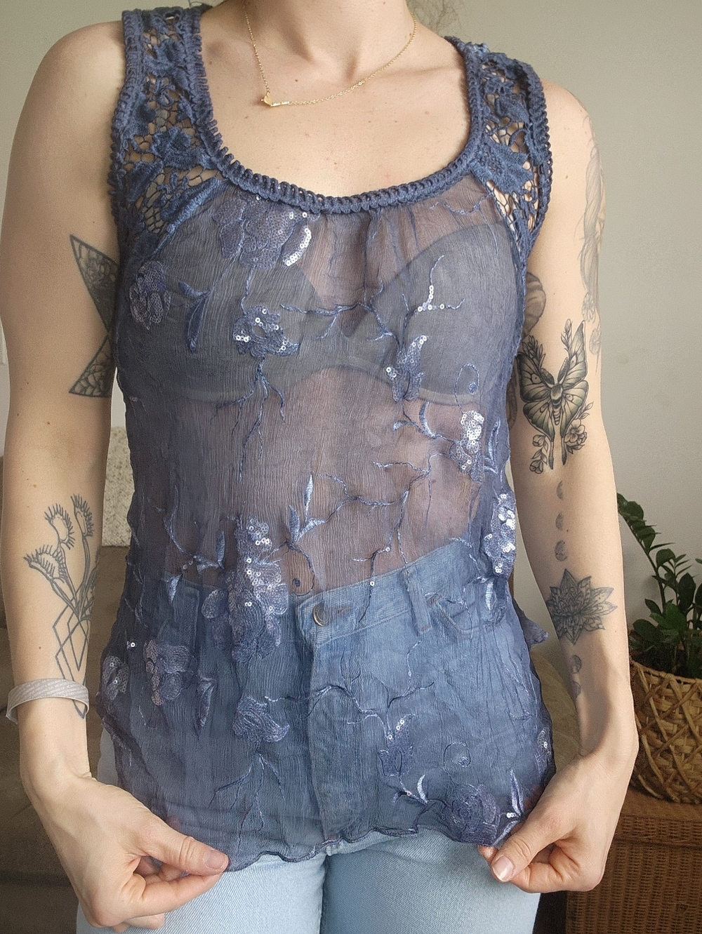 Blue Silk Sheer Floral And Sequin Detailed Top Size Medium